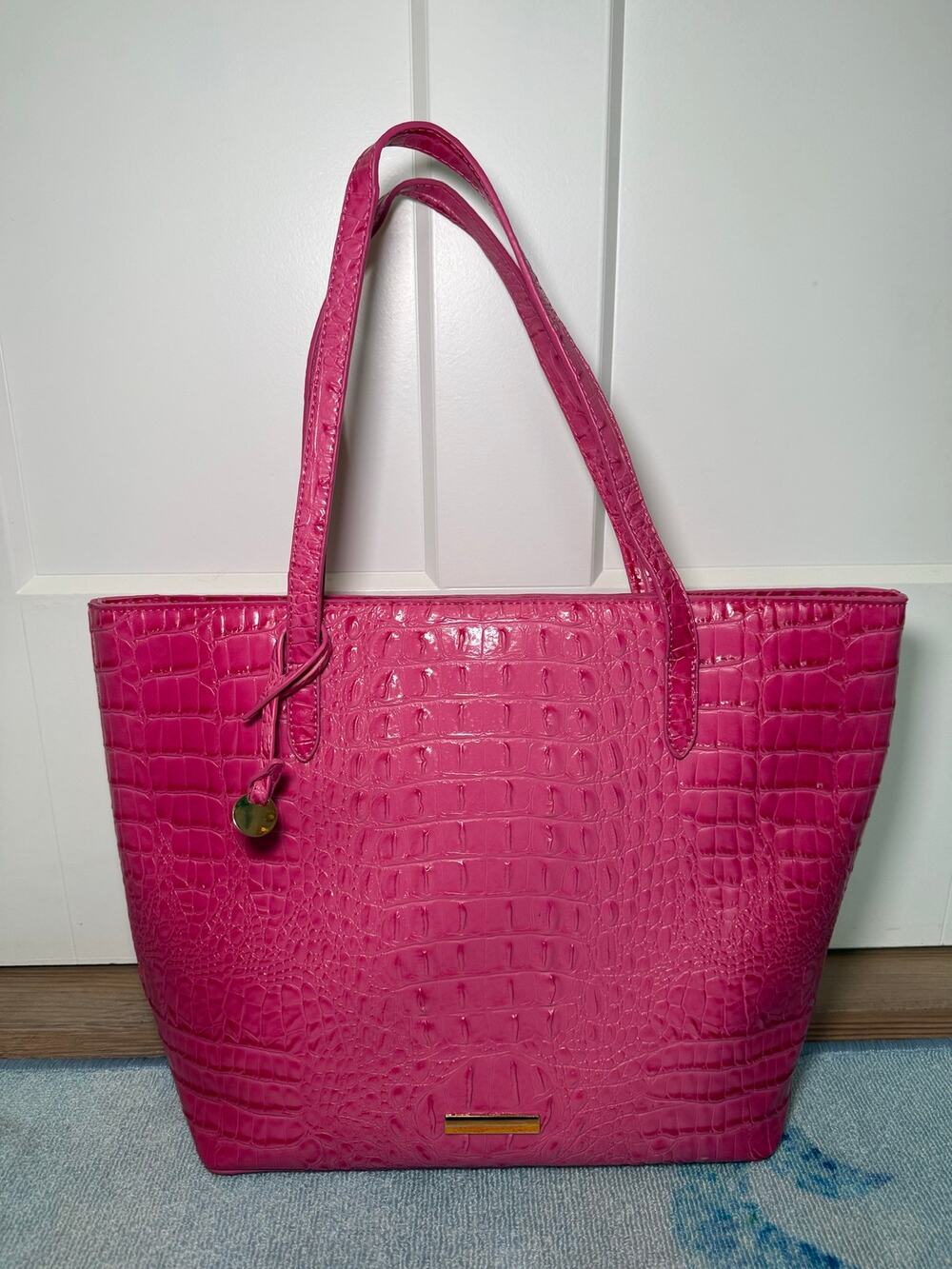Hot Pink Croc Embossed Large Tote Bag Shoulder Purse Gold Hardware